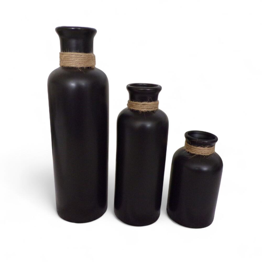 Matte Black Hemp Rope Detailing 3 Vase Set Ceramic New in Box Rustic Decor